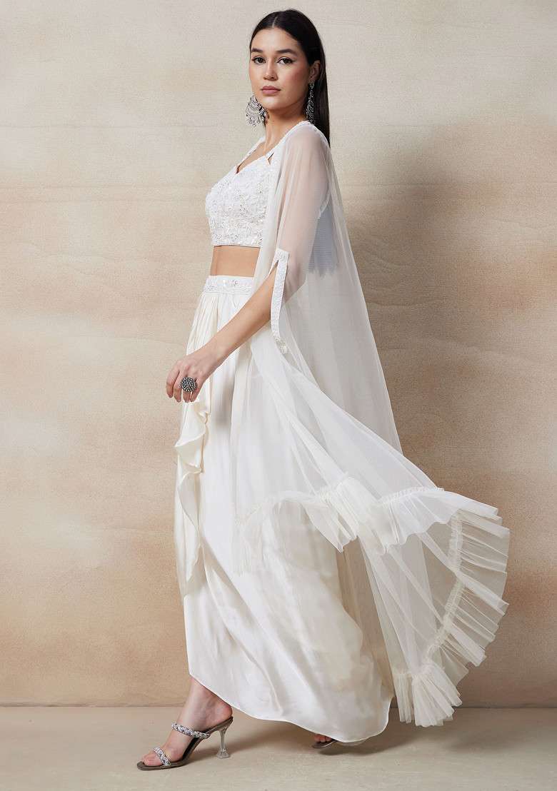 White Skirt Set With Sequin Bead Embellished Blouse And Jacket - Indya