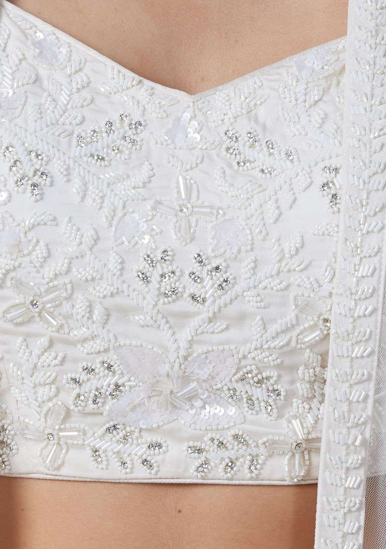 White Skirt Set With Sequin Bead Embellished Blouse And Jacket - Indya