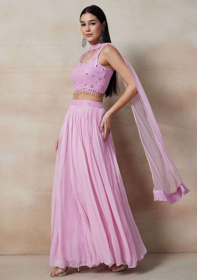 Blush Pink Palazzo Set With Embellished Blouse And Dupatta - Indya