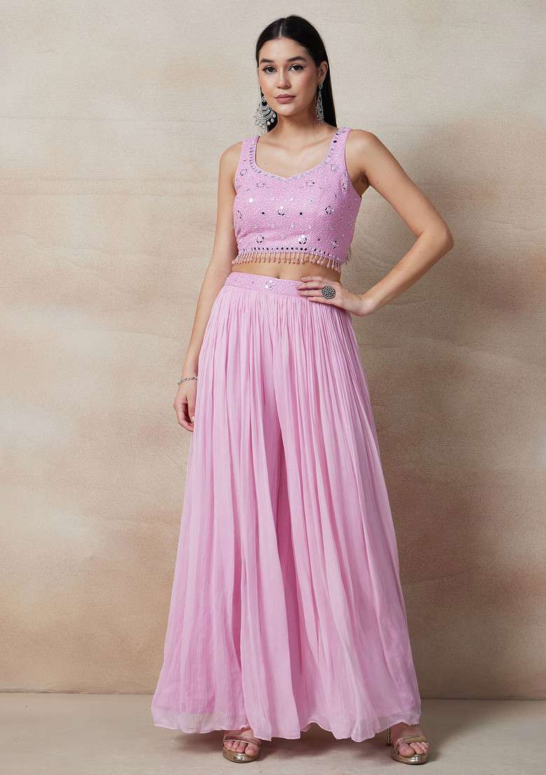 Blush Pink Palazzo Set With Embellished Blouse And Dupatta - Indya