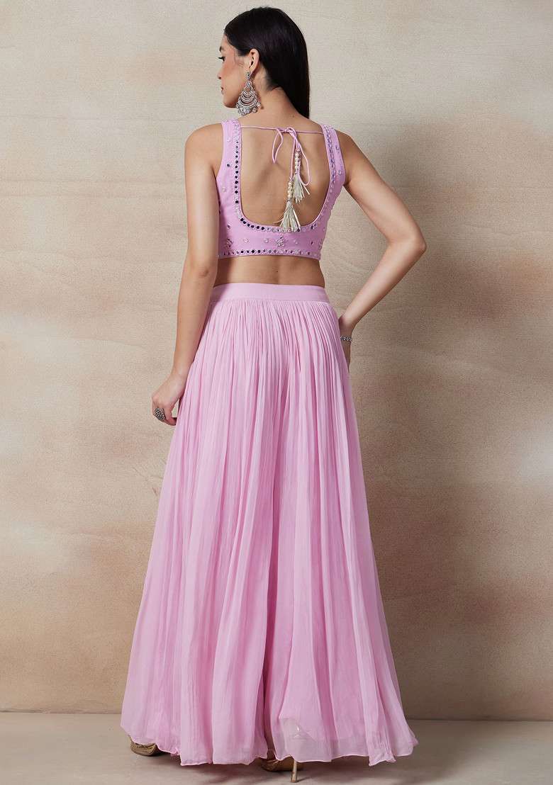 Blush Pink Palazzo Set With Embellished Blouse And Dupatta - Indya