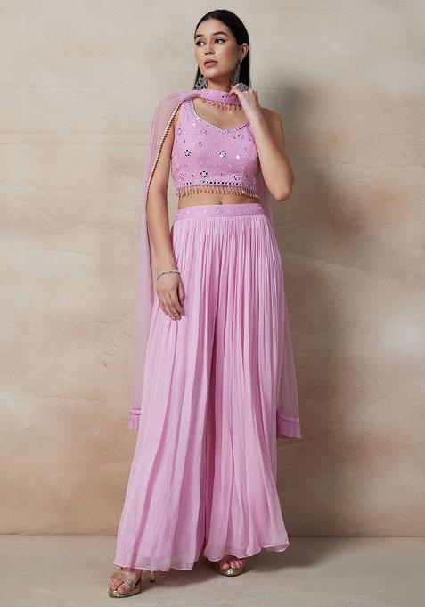 Blush Pink Palazzo Set With Embellished Blouse And Dupatta