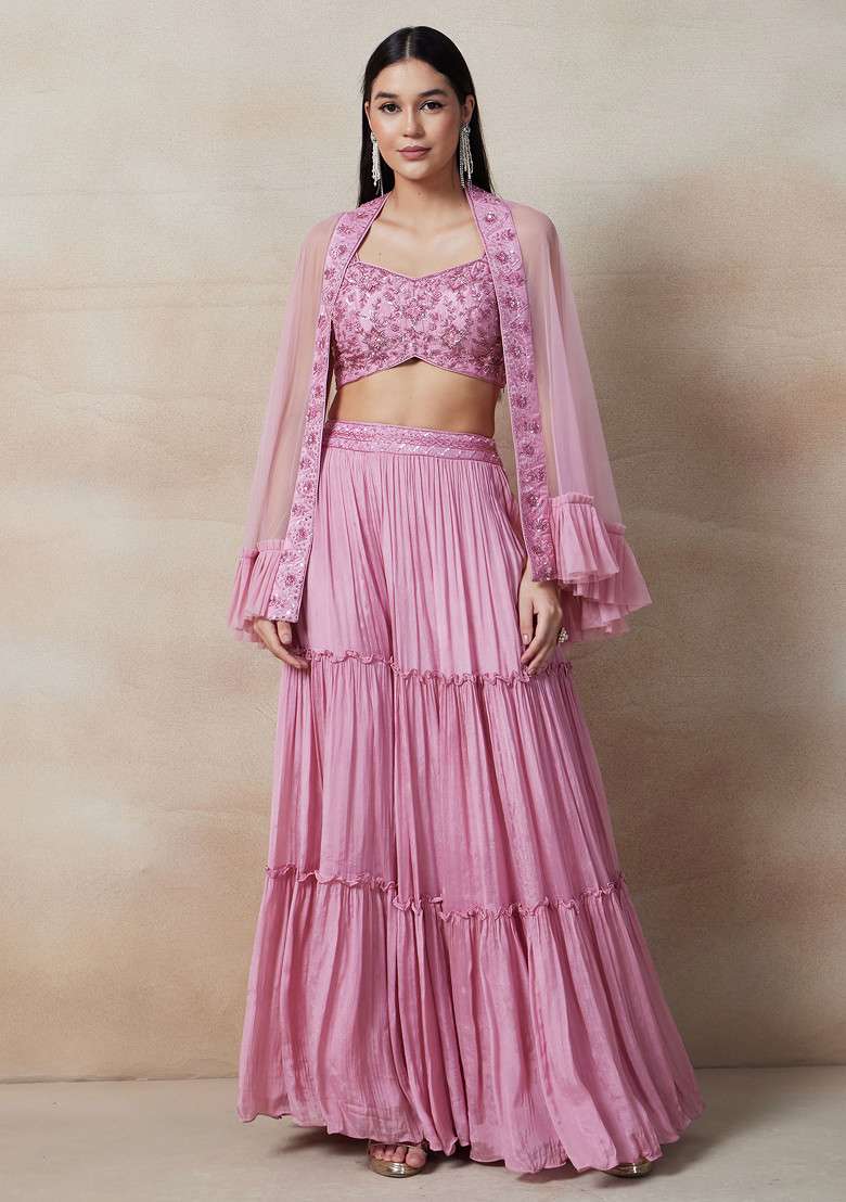 Pink Sharara Set With Embellished Blouse And Cape - Indya