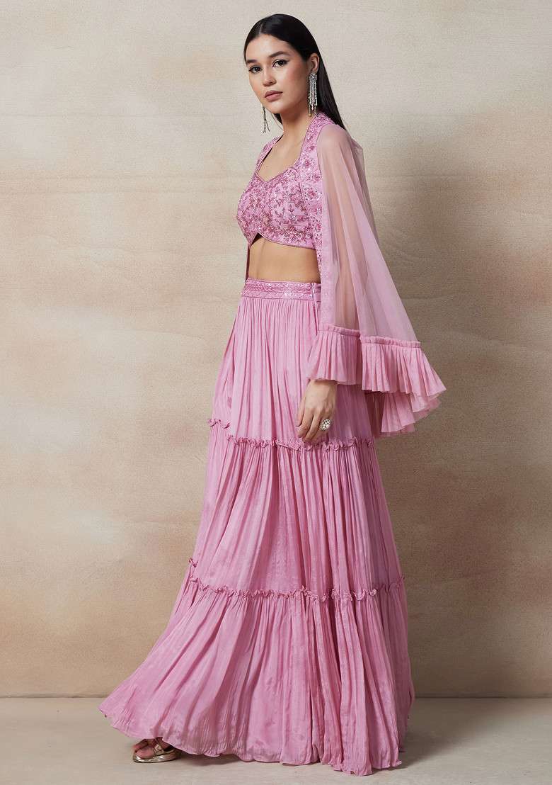 Pink Sharara Set With Embellished Blouse And Cape - Indya