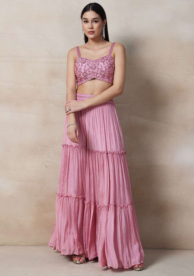 Pink Sharara Set With Embellished Blouse And Cape - Indya