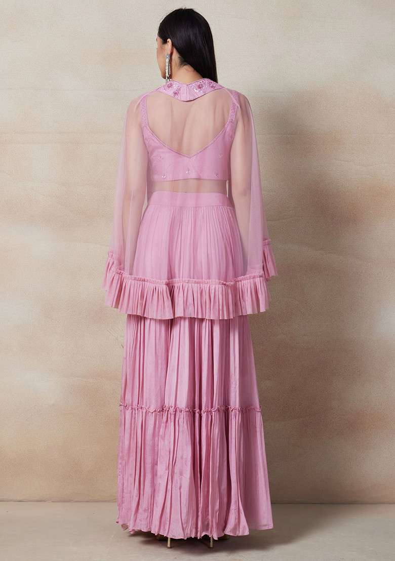 Pink Sharara Set With Embellished Blouse And Cape - Indya