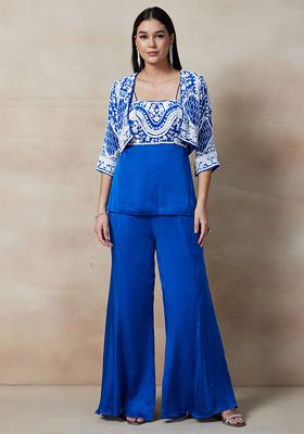 Blue Sharara Set With Sequin Cutdana Embellished Blouse And Jacket