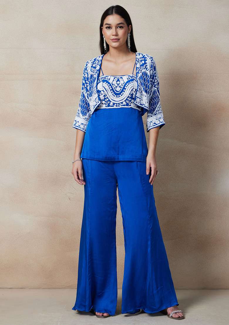 Blue Sharara Set With Sequin Cutdana Embellished Blouse And Jacket - Indya