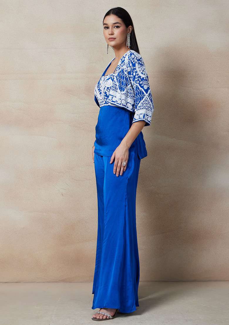 Blue Sharara Set With Sequin Cutdana Embellished Blouse And Jacket - Indya