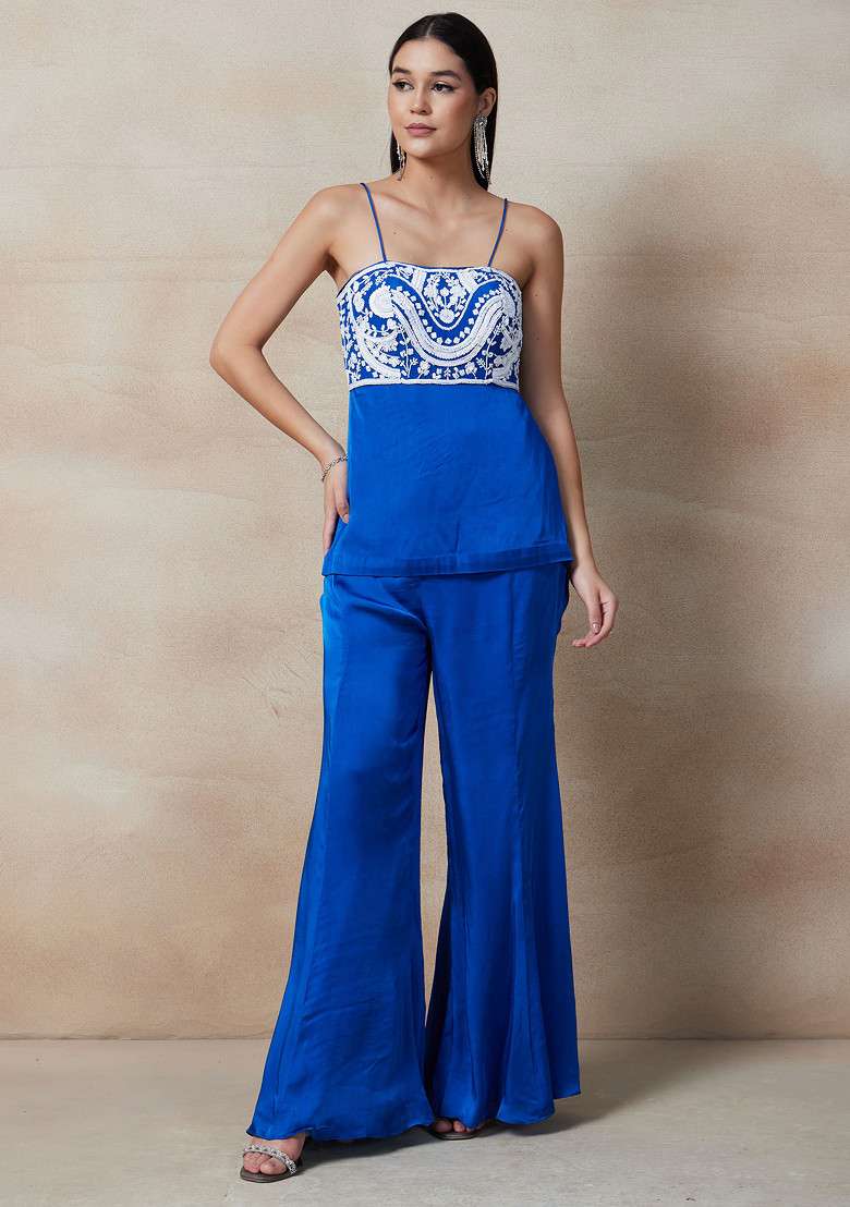 Blue Sharara Set With Sequin Cutdana Embellished Blouse And Jacket - Indya