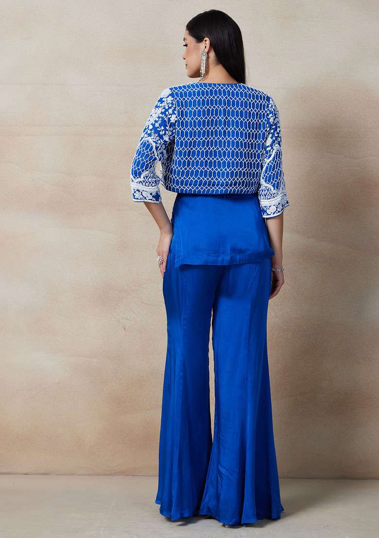 Blue Sharara Set With Sequin Cutdana Embellished Blouse And Jacket - Indya