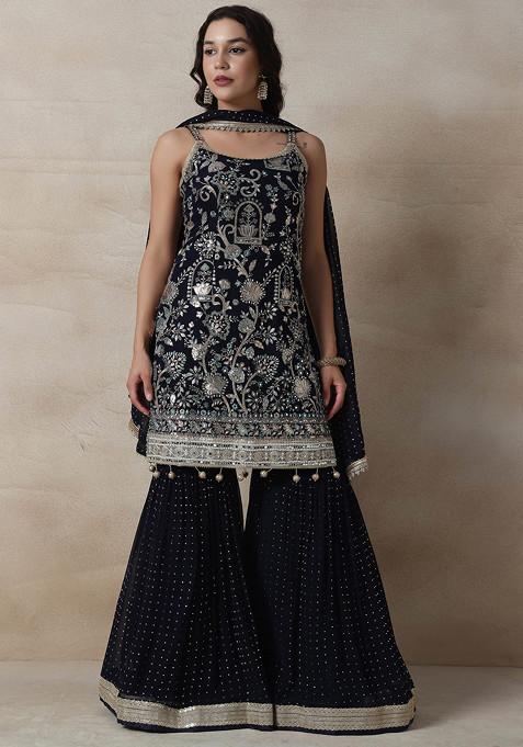 Black Embellished Sharara Set With Floral Zari Embellished Kurta And Dupatta