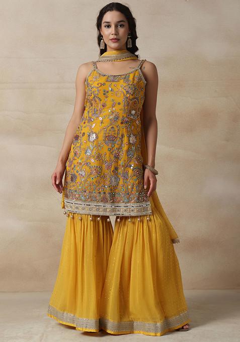 Yellow Embellished Sharara Set With Floral Zari Embellished Kurta And Dupatta