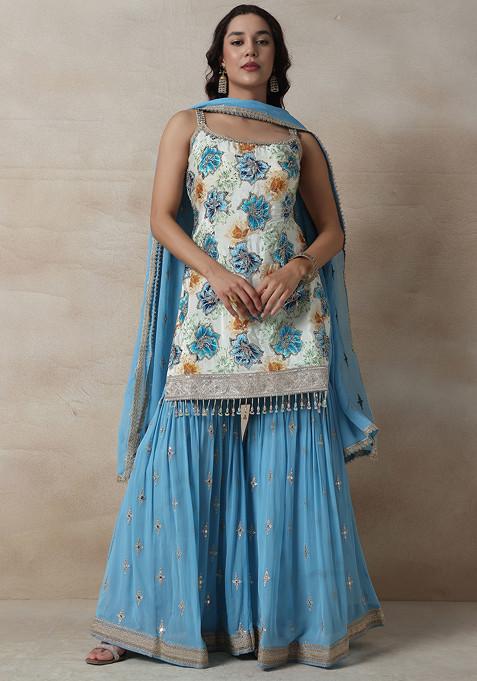 Blue Embellished Sharara Set With Floral Sequin Embellished Kurta And Dupatta