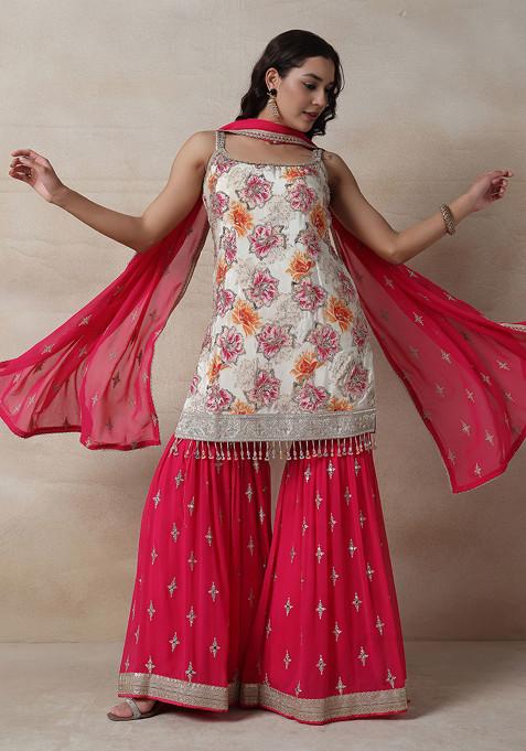 Pink Embellished Sharara Set With Floral Sequin Embellished Kurta And Dupatta