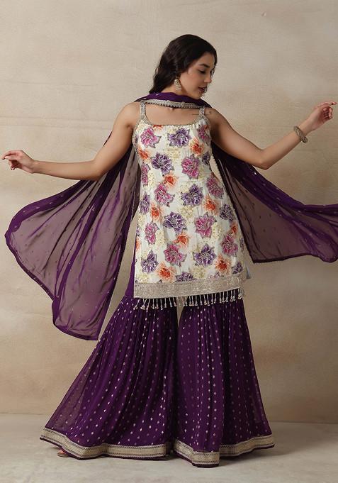 Purple Embellished Sharara Set With Floral Sequin Embellished Kurta And Dupatta