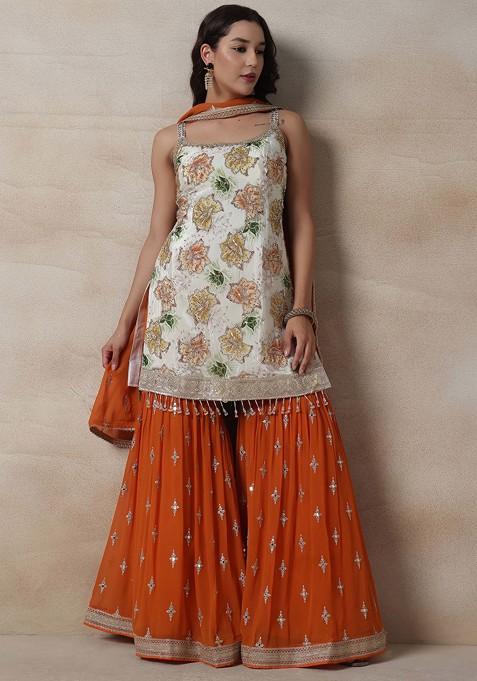 Orange Embellished Sharara Set With Floral Sequin Embellished Kurta And Dupatta