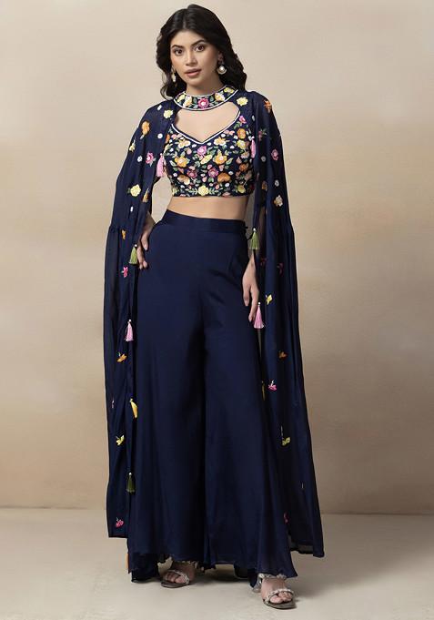 Navy Blue Sharara Set With Floral Zari Embellished Blouse And Jacket