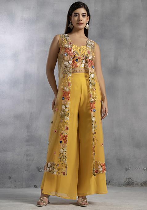 Yellow Sharara Set With Floral Zari Bead Embroidered Blouse And Jacket