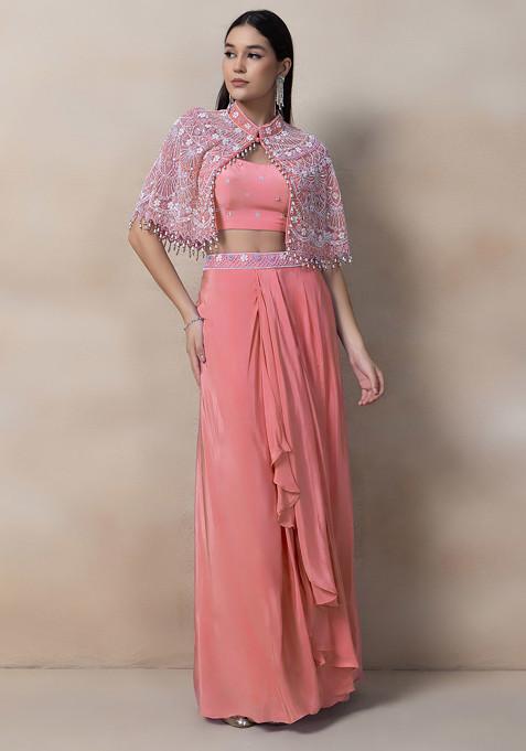 Peach Bead Thread Embellished Drapped Skirt Set