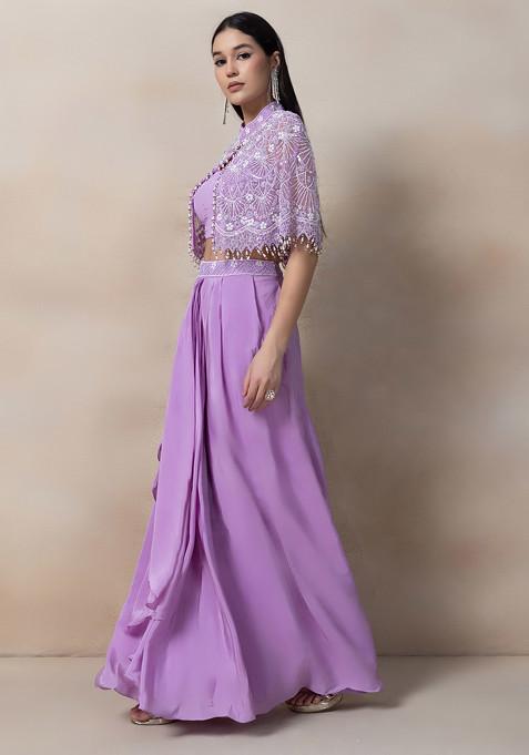 Lavender Bead Thread Embellished Drapped Skirt Set