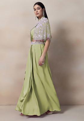 Lime Green  Bead Thread Embellished Drapped Skirt Set