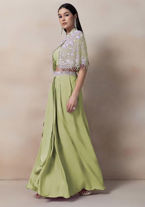 Lime Green  Bead Thread Embellished Drapped Skirt Set