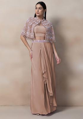 Dull Beige  Bead Thread Embellished Drapped Skirt Set
