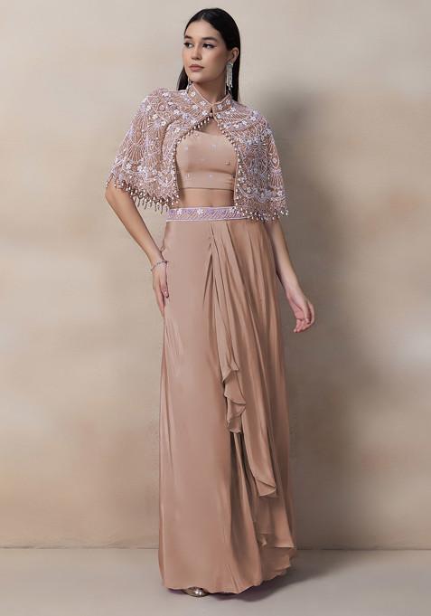 Dull Beige  Bead Thread Embellished Drapped Skirt Set