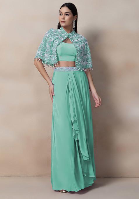 Marine Blue Bead Thread Embellished Drapped Skirt Set