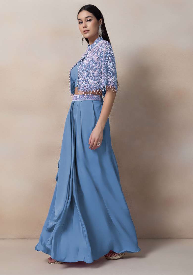 Cool Blue Bead Thread Embellished Drapped Skirt Set - Indya