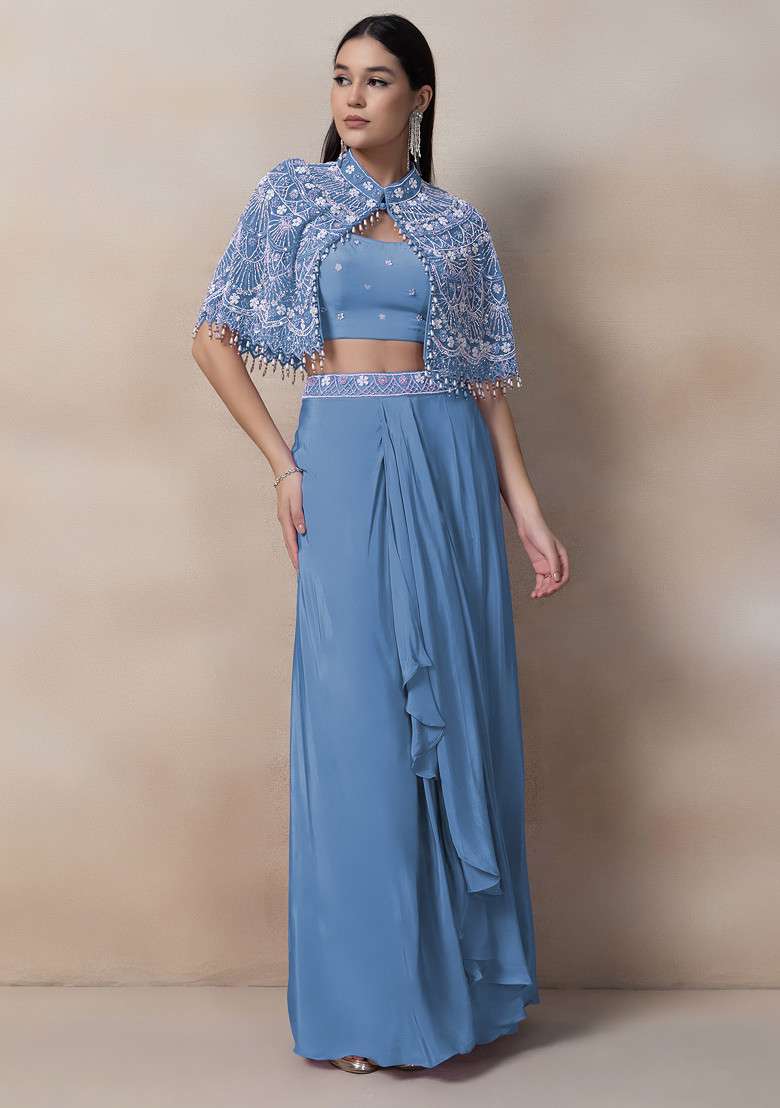 Cool Blue Bead Thread Embellished Drapped Skirt Set - Indya