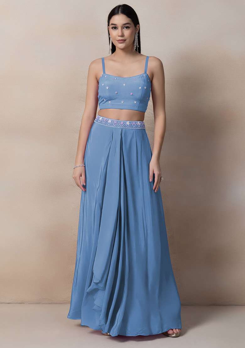 Cool Blue Bead Thread Embellished Drapped Skirt Set - Indya