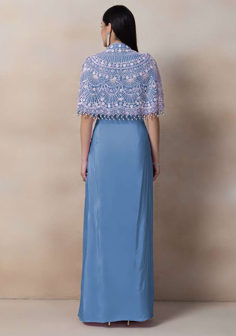 Cool Blue Bead Thread Embellished Drapped Skirt Set - Indya