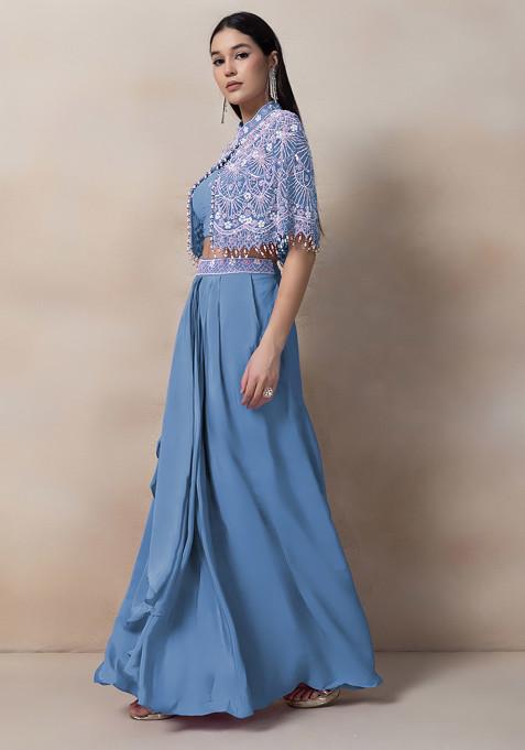 Cool Blue Bead Thread Embellished Drapped Skirt Set