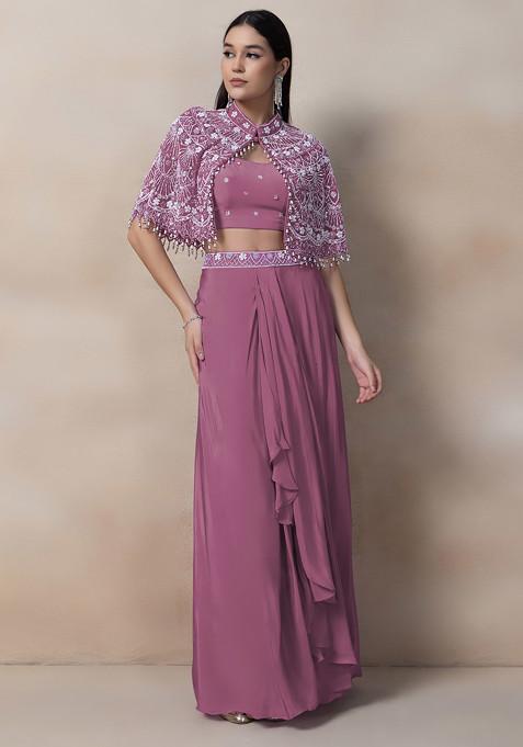 Dull Pink Bead Thread Embellished Drapped Skirt Set