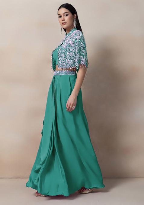 Teal Ocean  Bead Thread Embellished Drapped Skirt Set