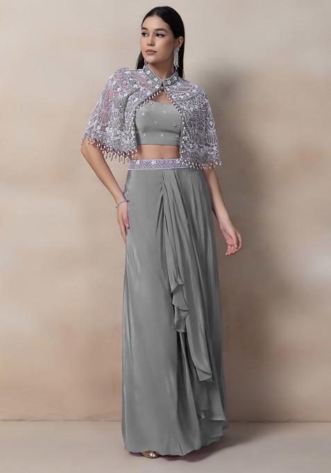 Grey  Bead Thread Embellished Drapped Skirt Set