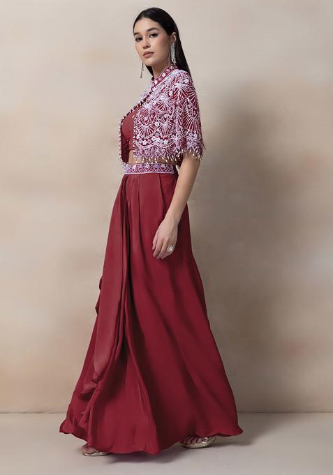 Light Rust  Bead Thread Embellished Drapped Skirt Set