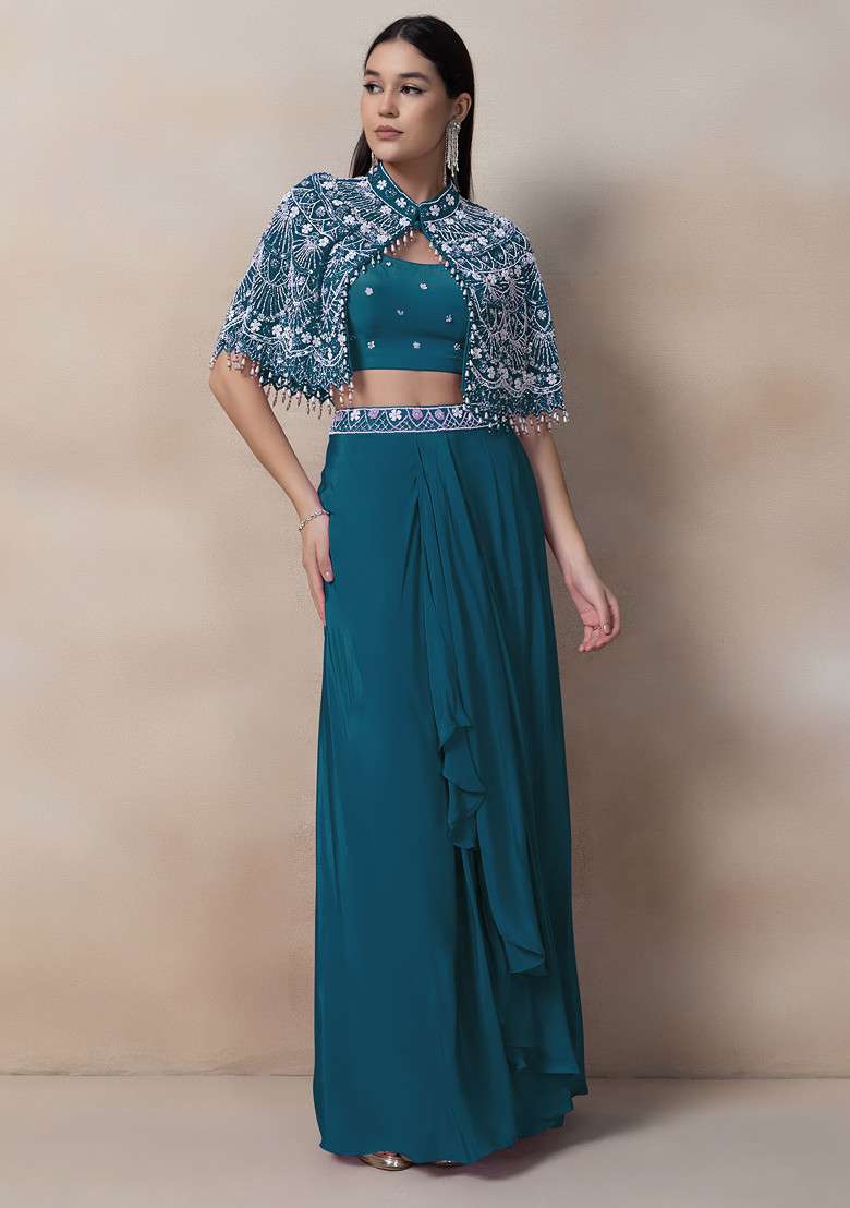 Teal Bead Thread Embellished Drapped Skirt Set - Indya