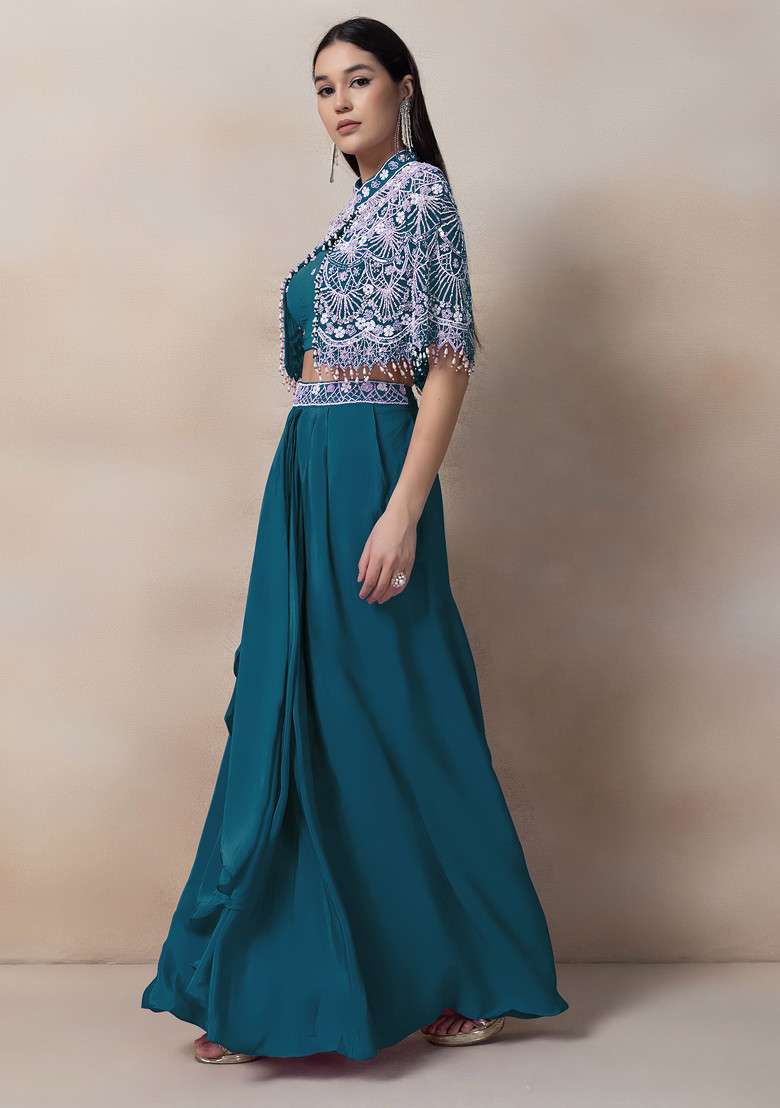 Teal Bead Thread Embellished Drapped Skirt Set - Indya