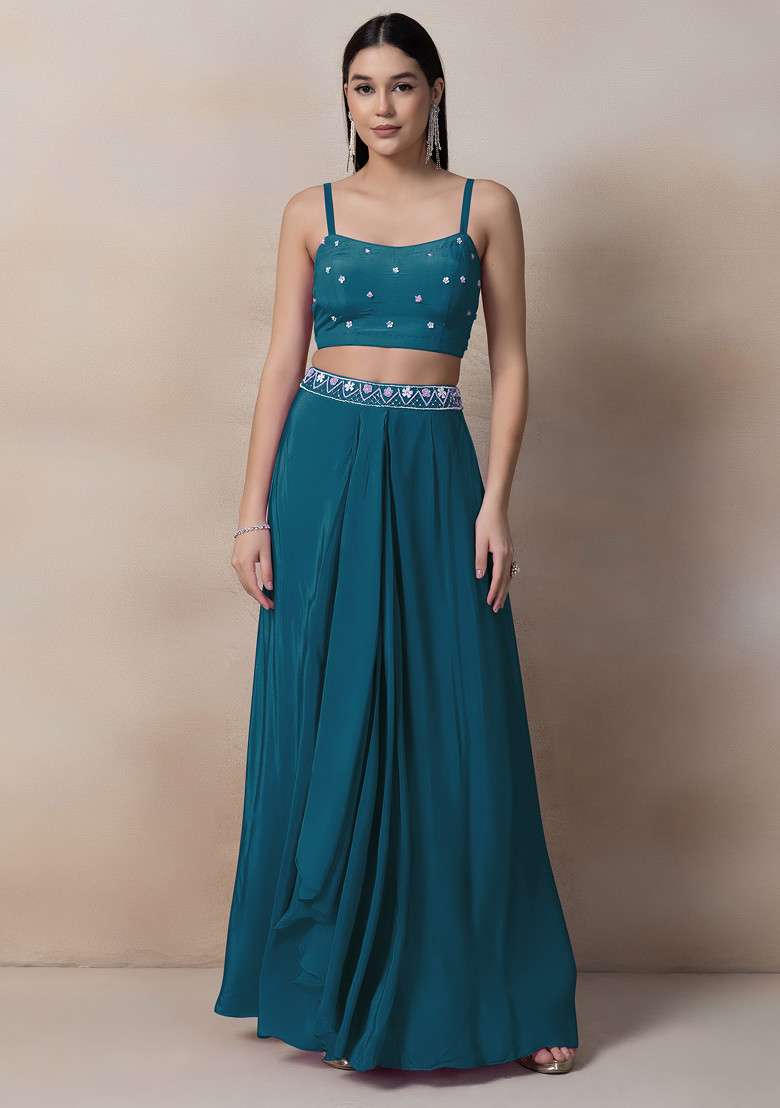 Teal Bead Thread Embellished Drapped Skirt Set - Indya