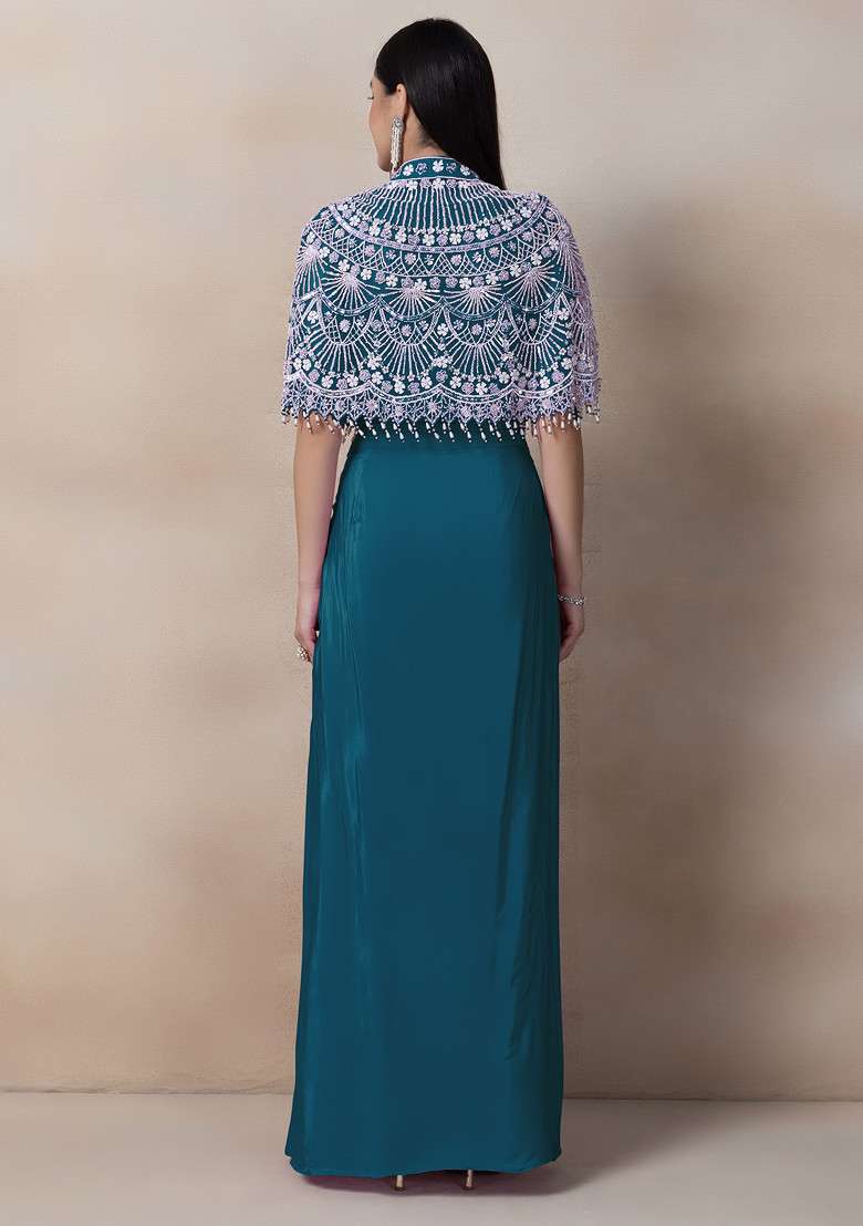 Teal Bead Thread Embellished Drapped Skirt Set - Indya