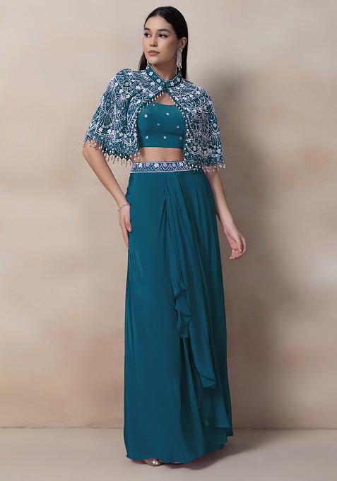 Teal Bead Thread Embellished Drapped Skirt Set