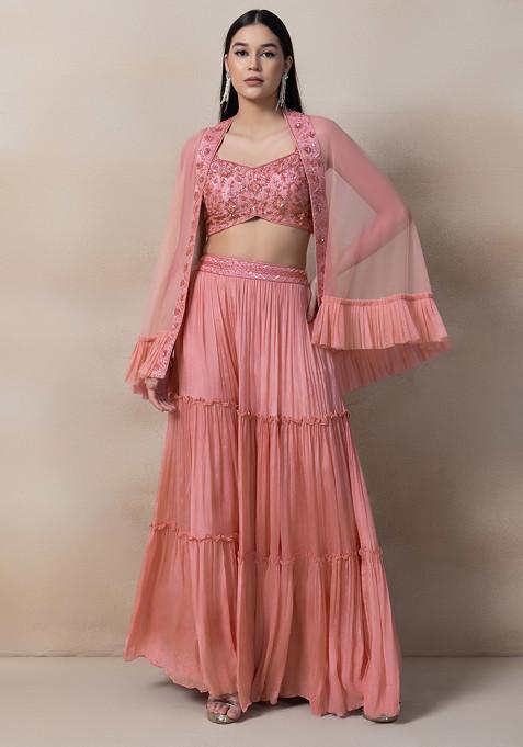 Peach Pink Sequin Embroidered Net Plazzo Set