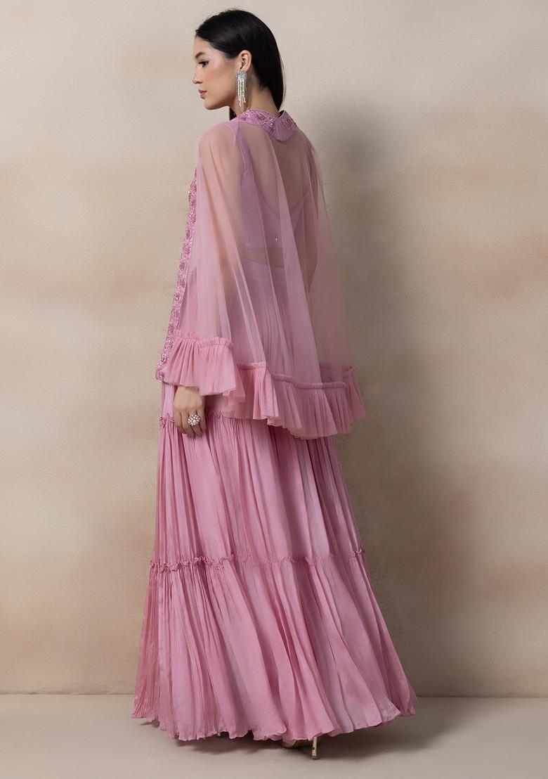 Dull Pink Sequin Embroidered Net Plazzo Set