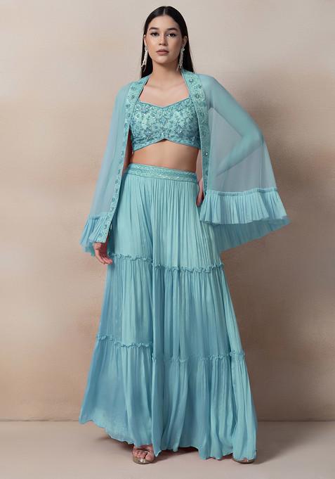 Aqua Blue Sequin Embroidered Net Plazzo Set