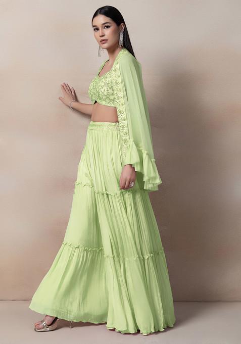 Light Green Sequin Embroidered Net Plazzo Set