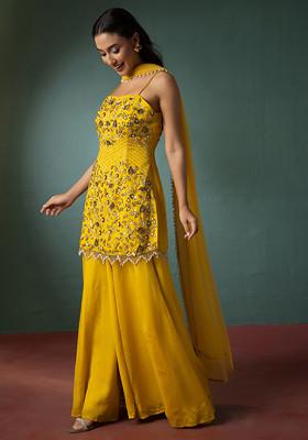 Yellow Palazzo Set With Floral Hand Embroidered Short Kurta And Dupatta
