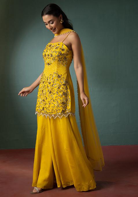 Yellow Palazzo Set With Floral Hand Embroidered Short Kurta And Dupatta